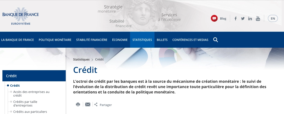 Impression-écran de la page “crédit” du site de la Banque de France.