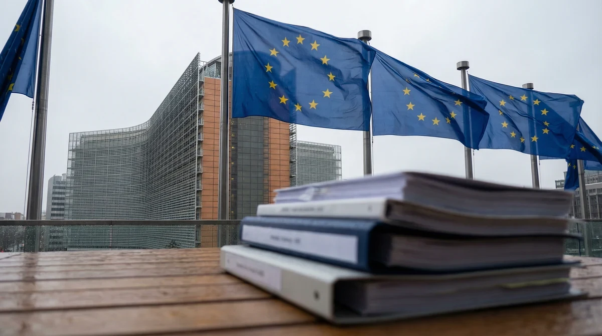 Знамена на Европейския съюз пред сграда на институция в Брюксел