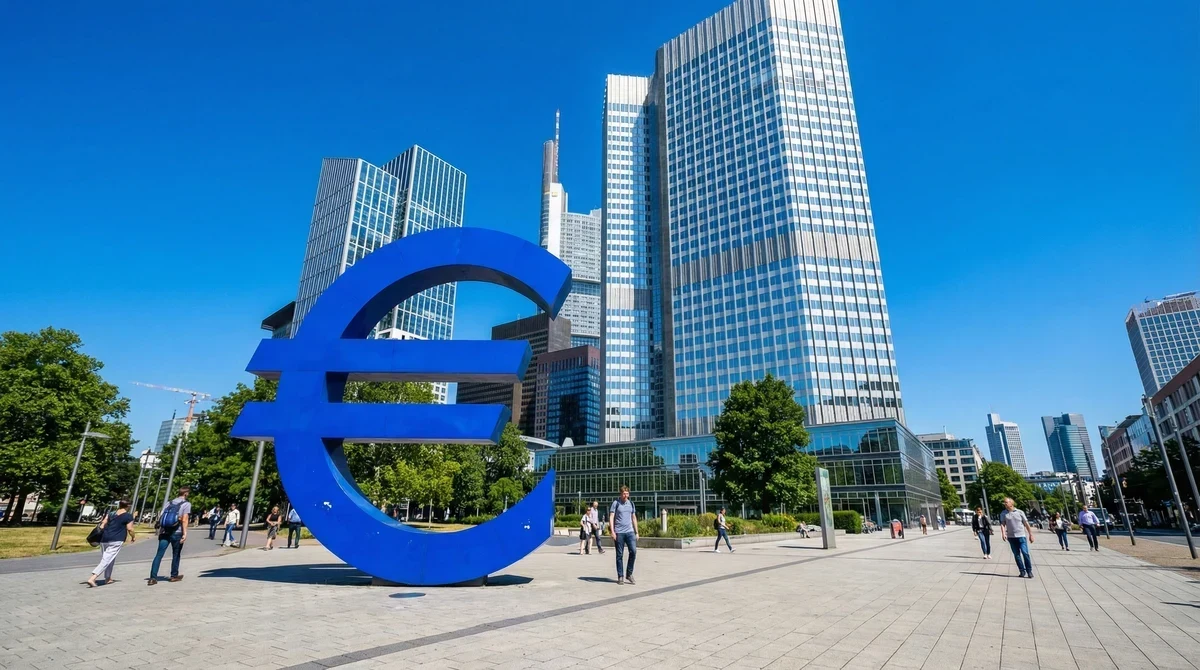 Сградата на Европейската централна банка във Франкфурт със символа на еврото отпред.