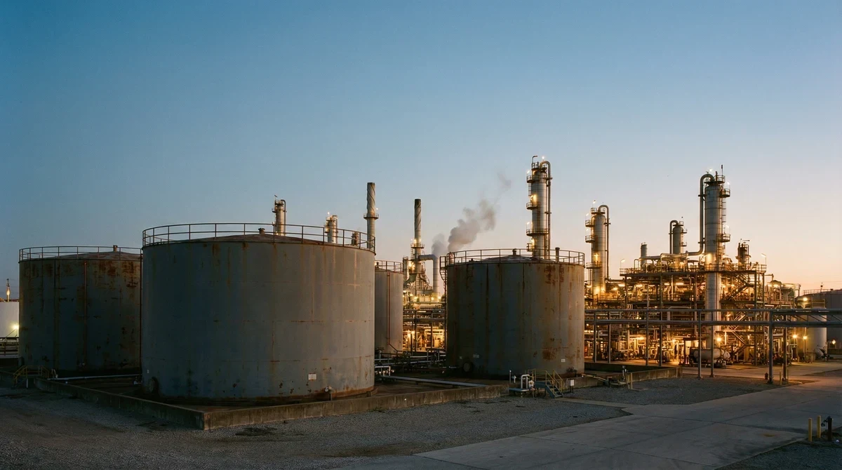 Петролни резервоари и рафинерия на заден план при здрач.