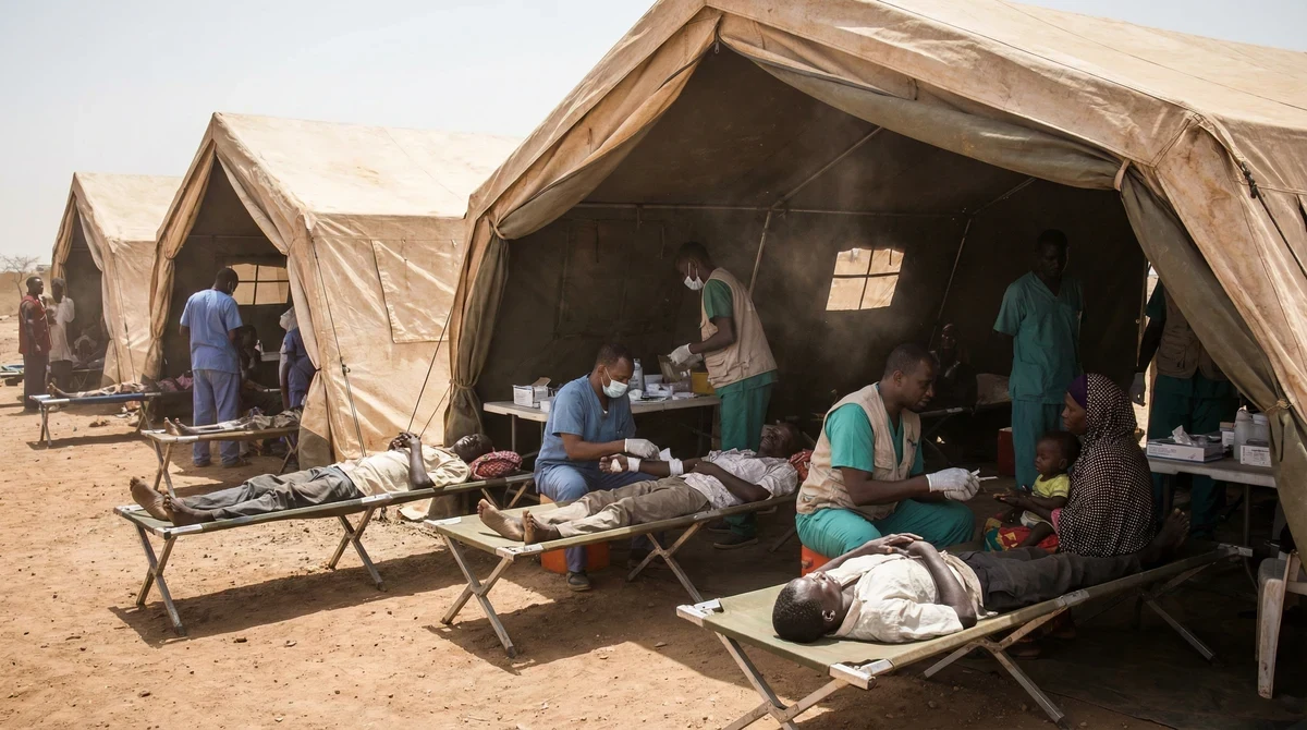 Полева болница в Судан, където медицински екипи оказват помощ на пострадали и недохранени цивилни.