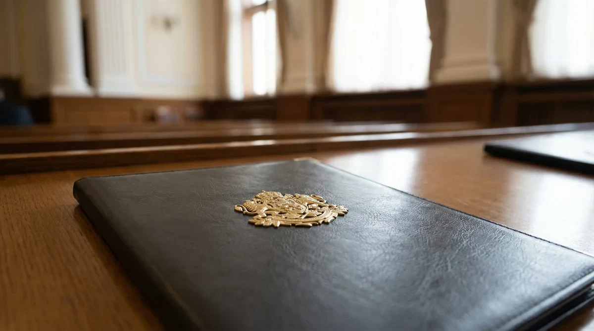 Папка с официални документи и герба на България върху маса в заседателна зала.