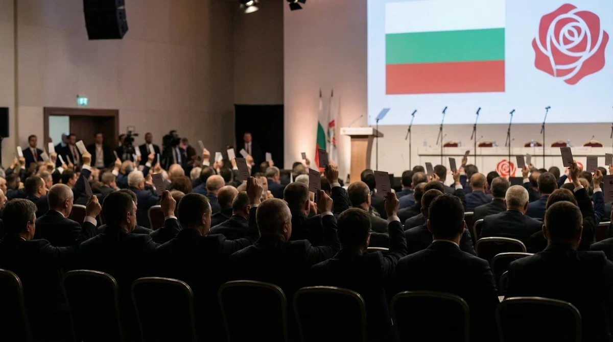 Делегати в зала на партиен конгрес в НДК, гласуване с вдигнати ръце и трибуна с българското знаме.