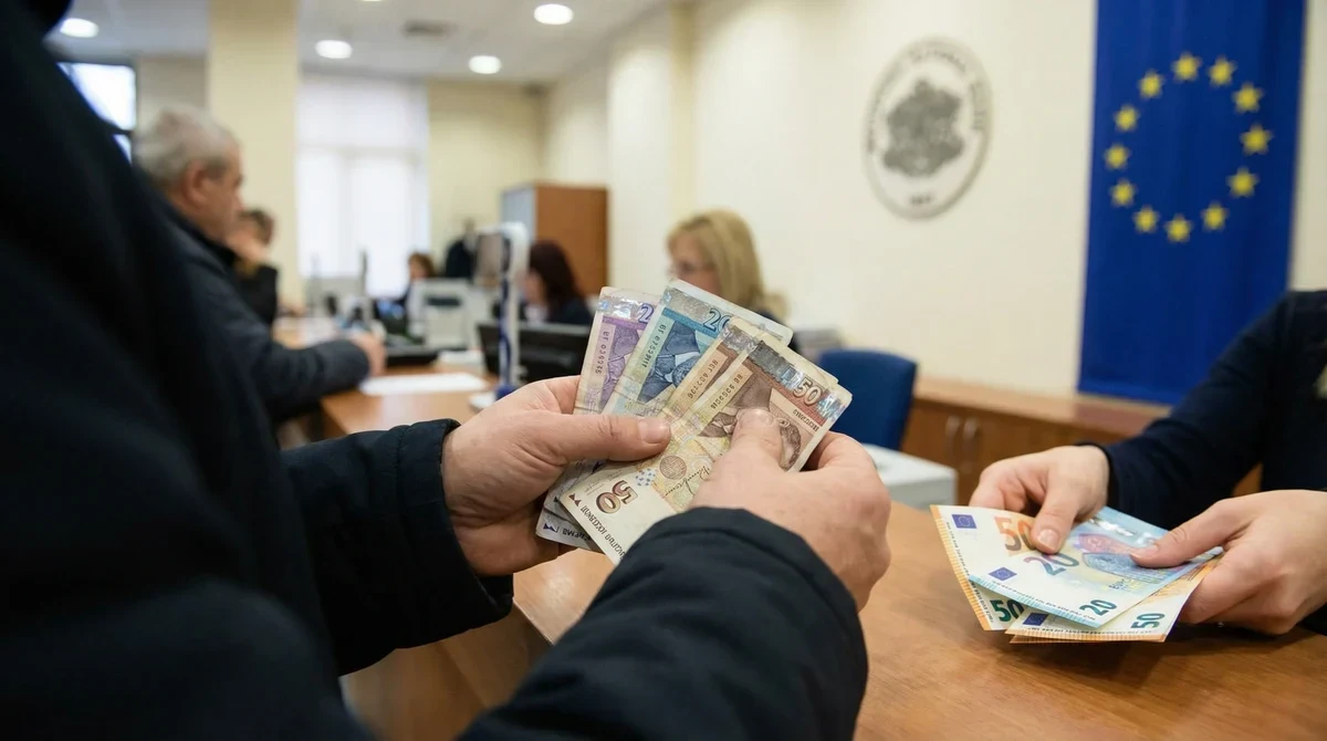 Ръце на клиент подават банкноти на банково гише за обмяна, на заден план се вижда лого на БНБ.