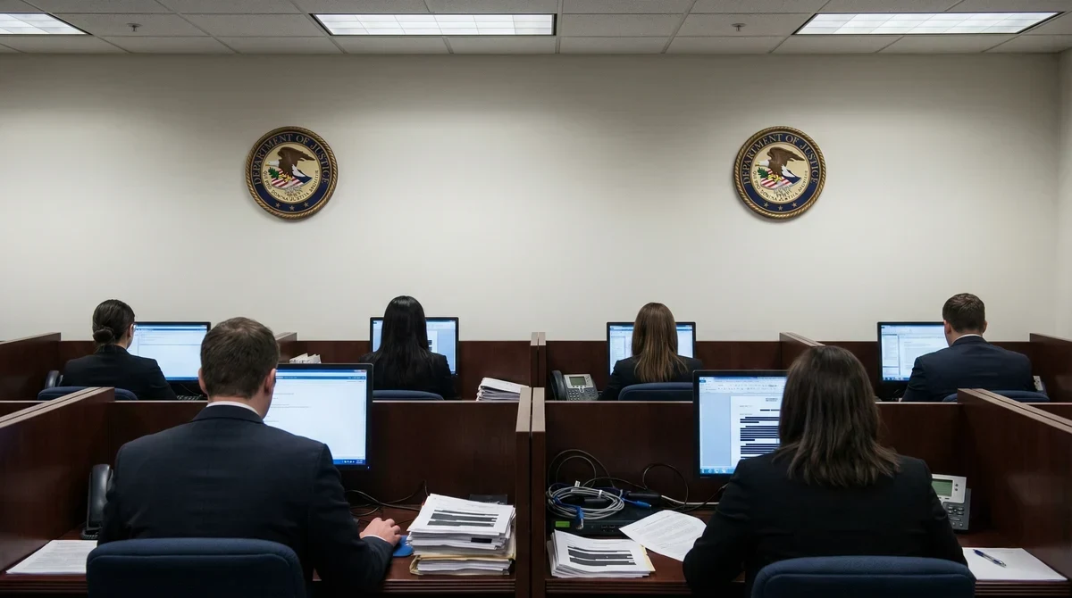 Служители преглеждат документи на компютри в офис с логото на Министерството на правосъдието на САЩ на стената.