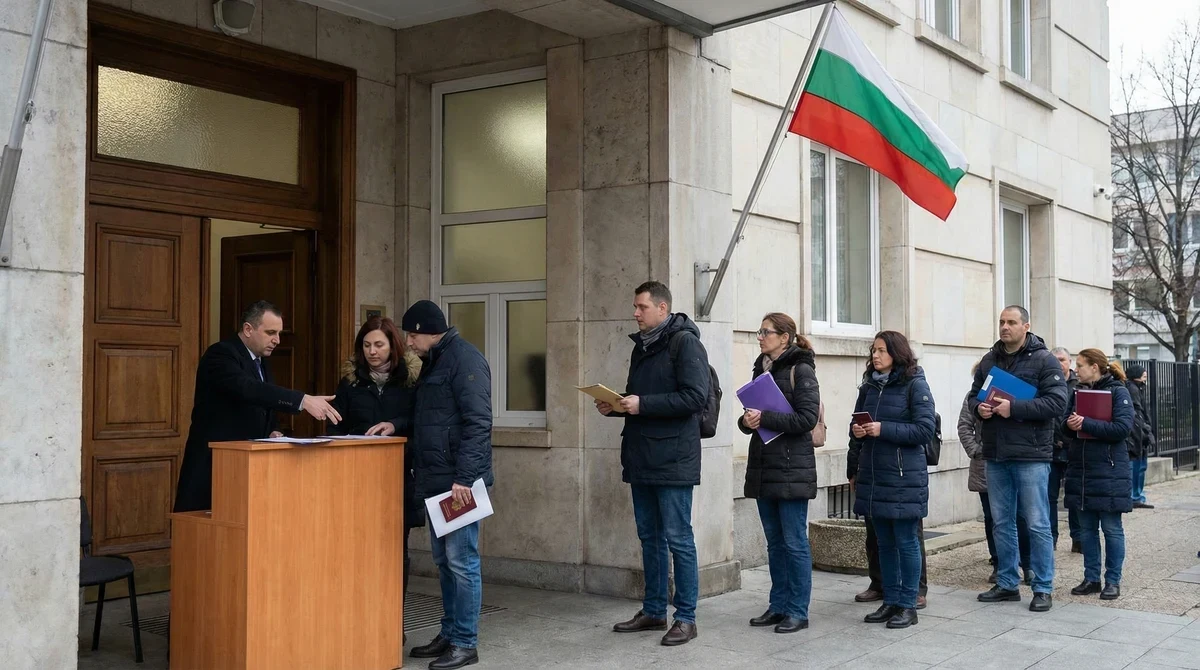 Сграда на българското посолство с развят флаг и хора с документи пред входа.