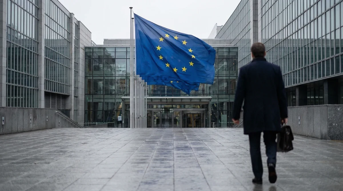 Знаме на Европейския съюз пред сградата на Европейската комисия в Брюксел.