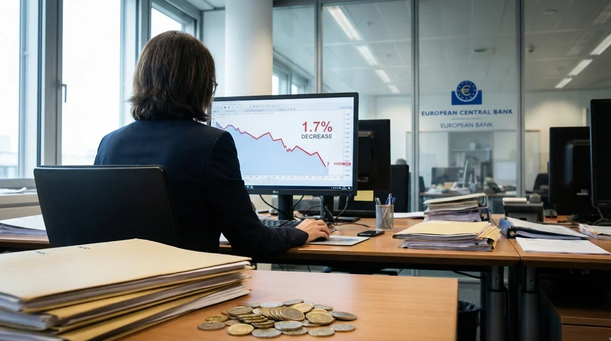 Финансов анализатор преглежда графика на инфлацията с монети евро на бюрото и лого на ЕЦБ на заден план.