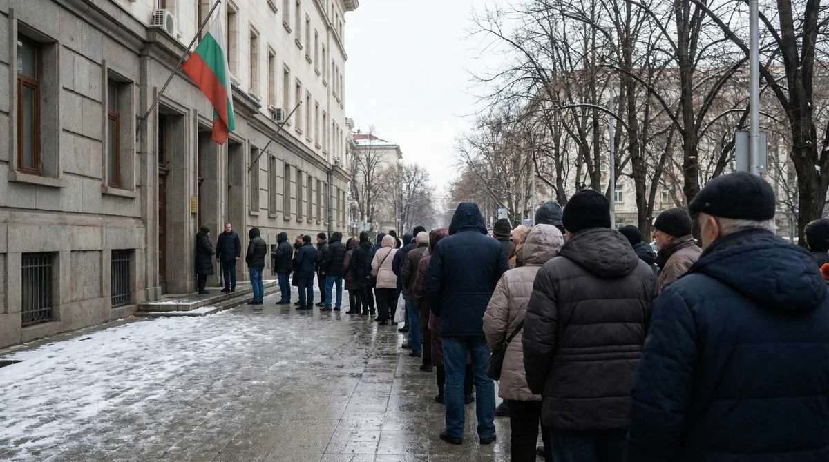 Опашка от хора пред сграда с българското знаме, чакащи да гласуват.