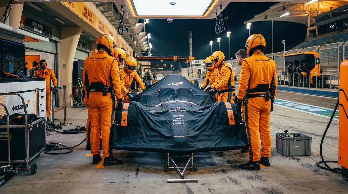 Механици на Макларън в гаража на пистата в Бахрейн подготвят болид за представяне.