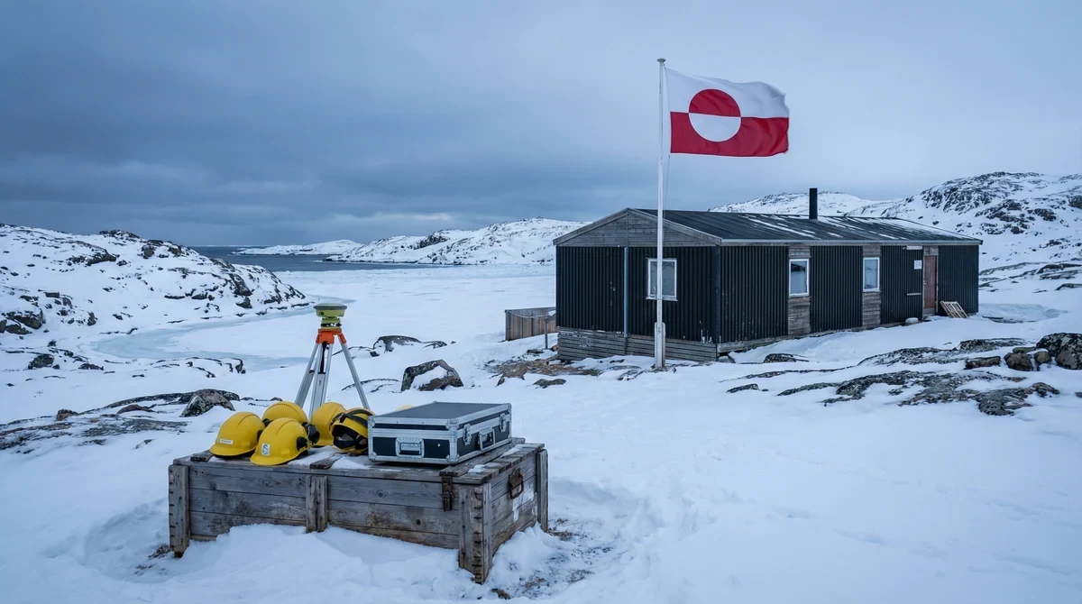 Снежен пейзаж в Гренландия с геоложко оборудване на преден план и административна сграда с националния флаг на заден план.