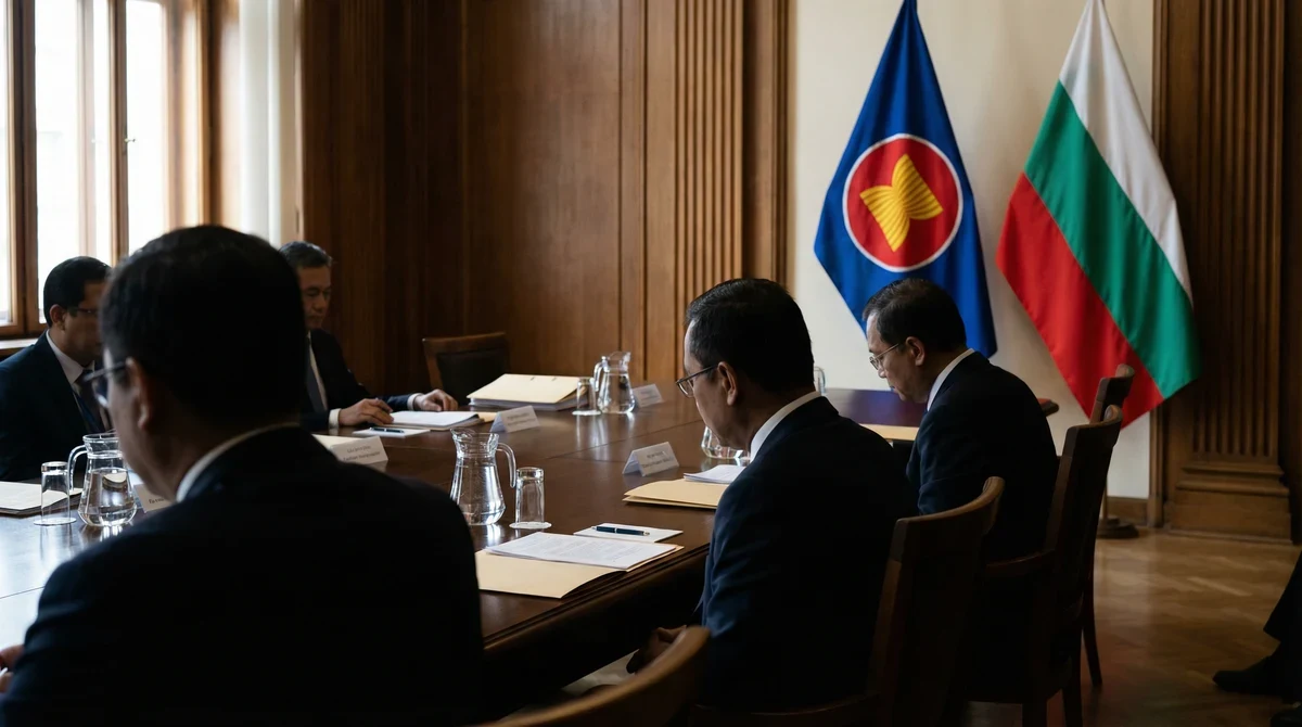 Дипломатическа зала със знамената на България и АСЕАН на заден план.