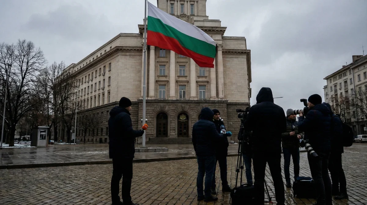 Сградата на президентството в София с развят български флаг и журналисти пред входа.