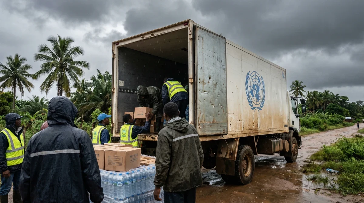 Камион с лого на ООН се товари с хуманитарна помощ в Мадагаскар под облачно небе.