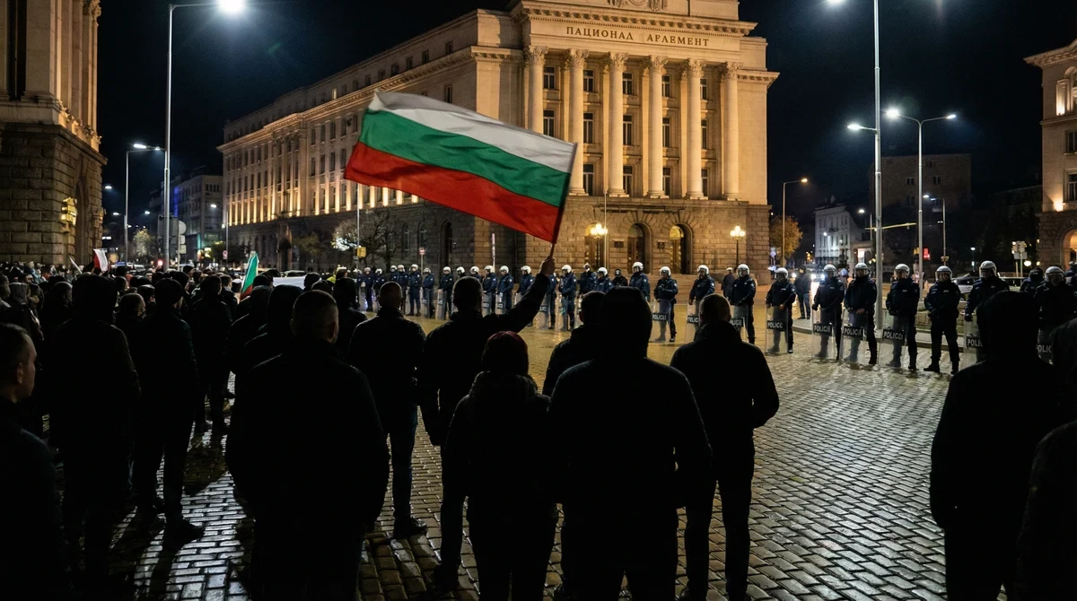 Протест пред сградата на Народното събрание в София с развято българско знаме.
