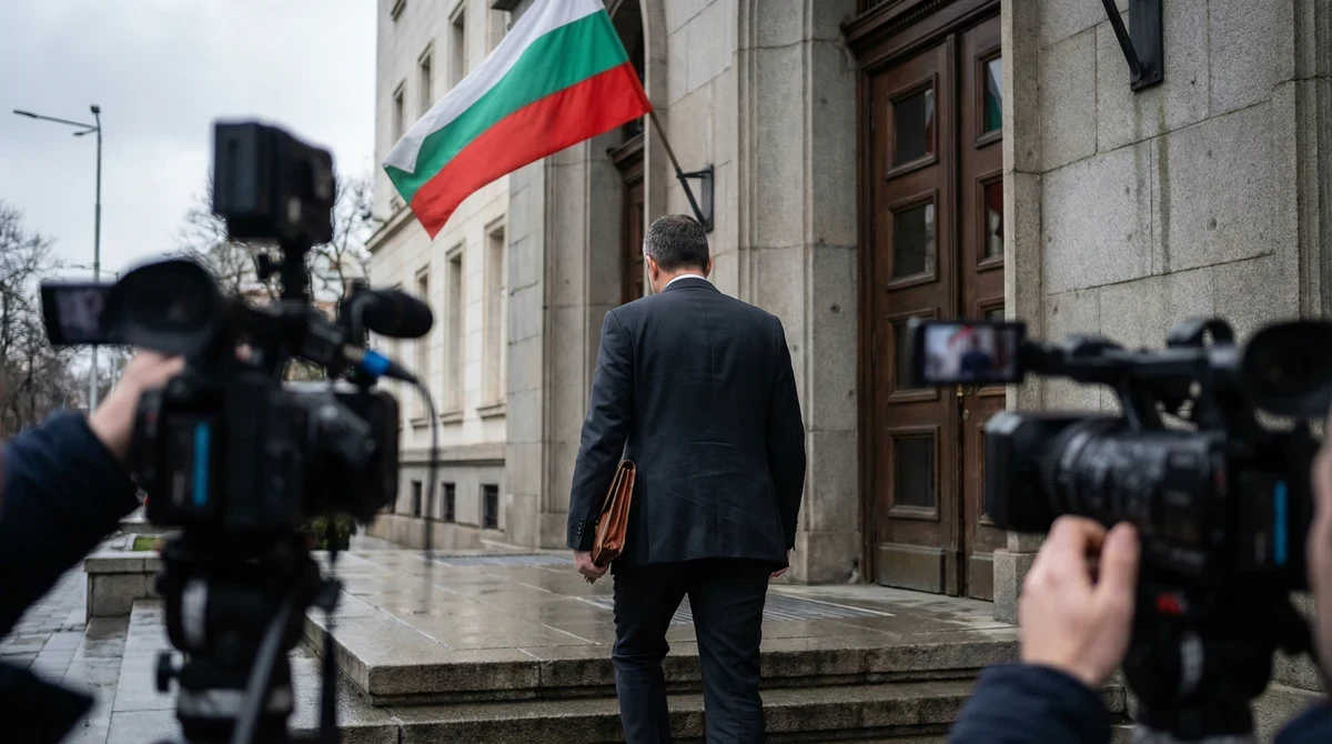 Вход на президентството в София с българското знаме и фигура на мъж в гръб, влизащ за официална среща.