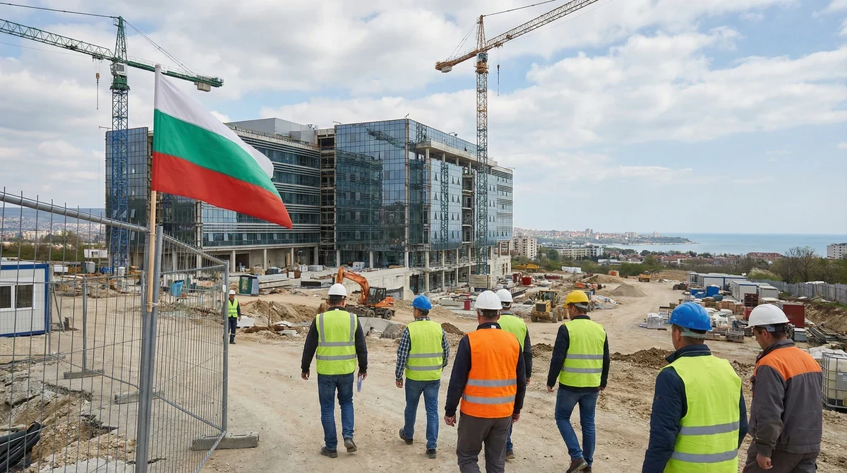 Строителна площадка за нова болница във Варна с работници и строителни кранове.