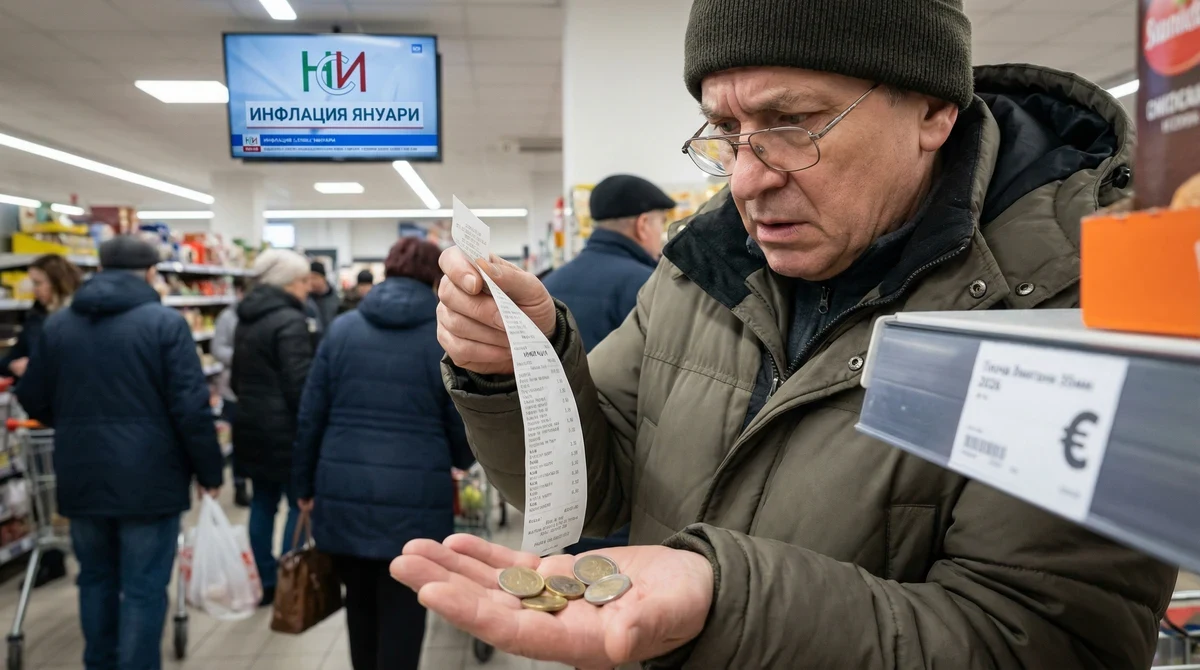 Клиент в български супермаркет гледа тревожно касова бележка и етикет с цена в евро, държейки монети.