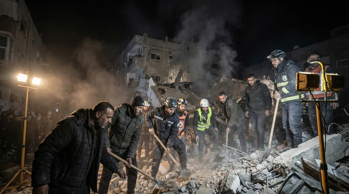 Спасители и цивилни търсят оцелели сред бетонни отломки след нощен въздушен удар в Газа.
