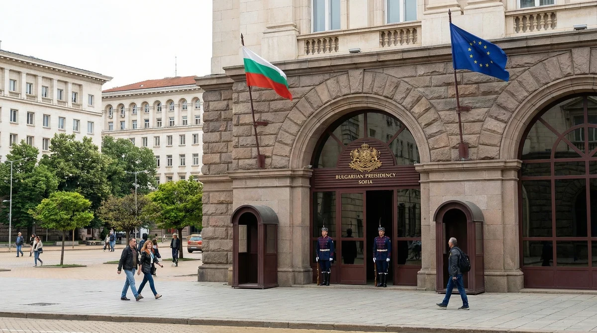 Андрей Гюров, заобиколен от журналисти пред сградата на президентството в София, след представянето на служебния кабинет на 18 февруари 2026 г.