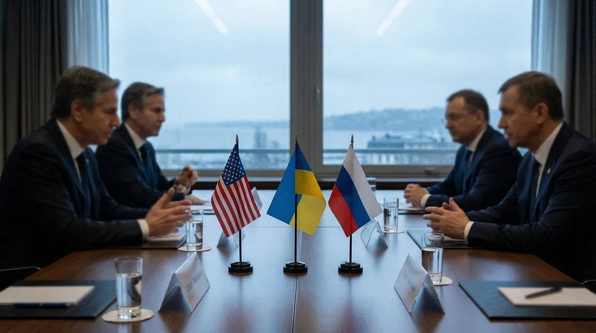 Маса за преговори в Женева с флагове на САЩ, Украйна и Русия по време на дипломатическа среща.