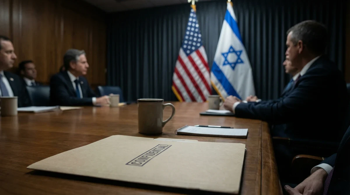 Дипломатическа зала със знамената на САЩ и Израел и папка с документи на масата.