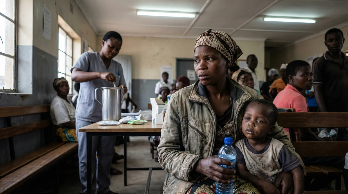 Претъпкана клиника с притеснена майка и обезводнено дете, докато медицински работник подготвя разтвор за рехидратация.