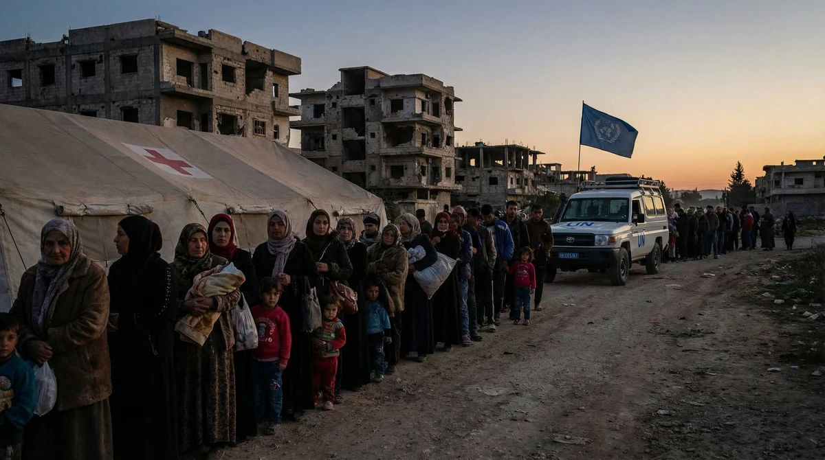 Цивилни чакат на опашка за хуманитарна помощ пред импровизирана клиника край бежански лагер, с разрушени сгради на заден план и видим флаг на ООН.