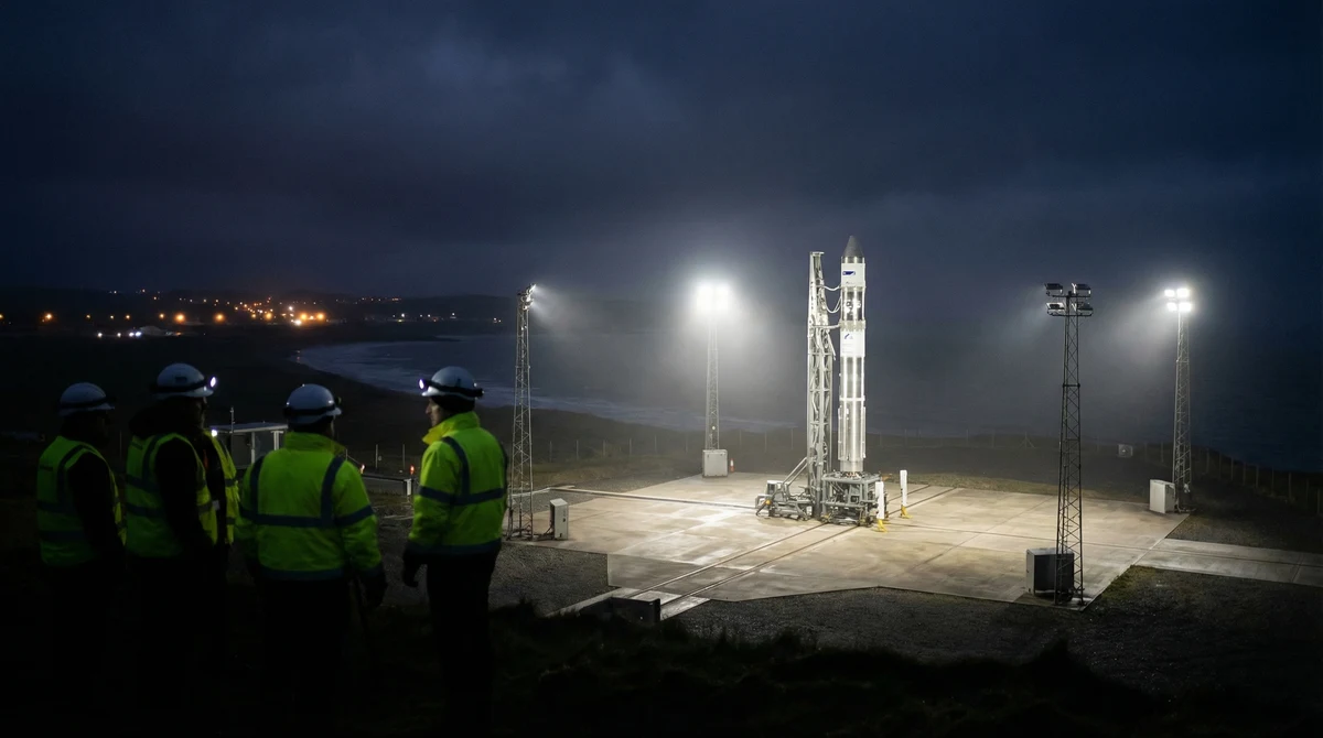 Нощна подготовка на ракета на стартова площадка в космодрум с осветление и инженери на преден план, свързана с мисията на Firefly Alpha.