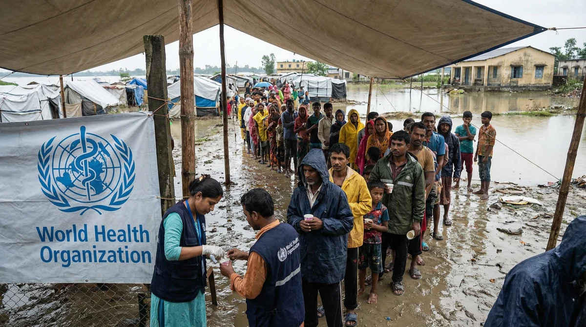 Здравни работници поставят орална ваксина срещу холера в временна клиника в район, засегнат от наводнения, с видима табела на СЗО.