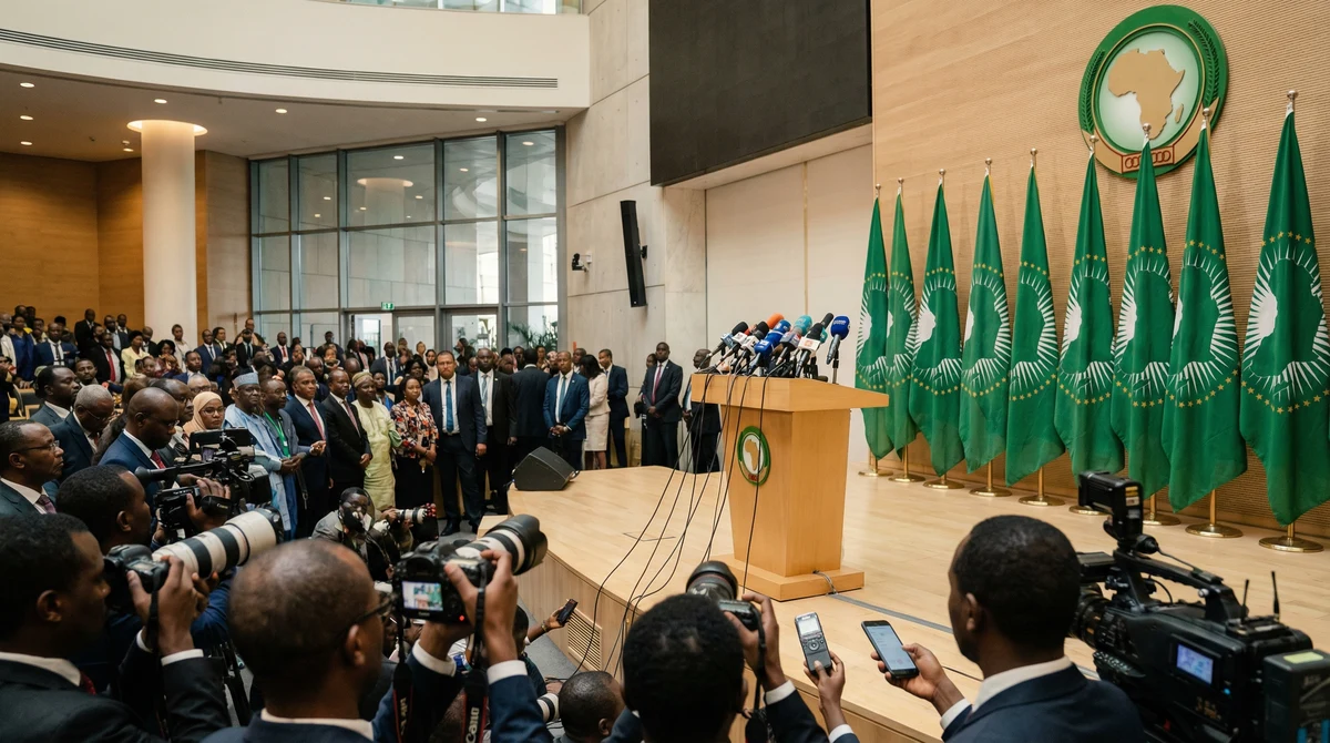 Пресконференция на среща на върха на Африканския съюз в конферентна зала с флагове и емблема на организацията.