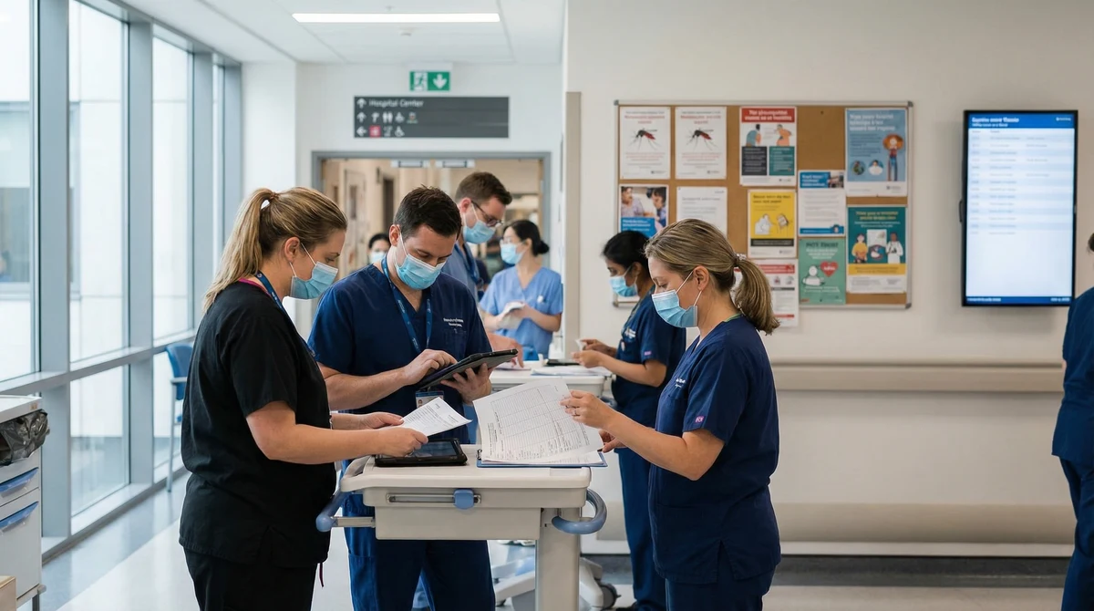 Лекари и медицински сестри в болничен коридор с предпазни маски, подготвящи се за повишен брой пациенти с денга.