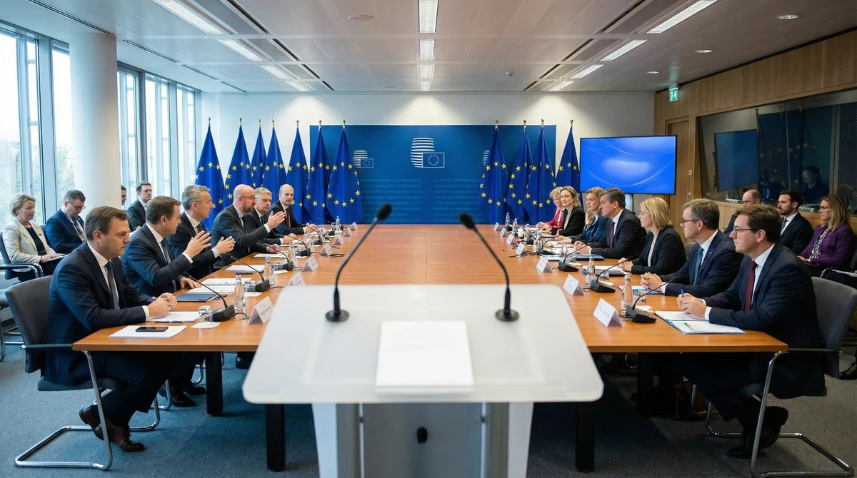 Заседание на Съвета „Външни работи“ на Европейския съюз в Брюксел с флагове на ЕС и дипломати в конферентна зала.