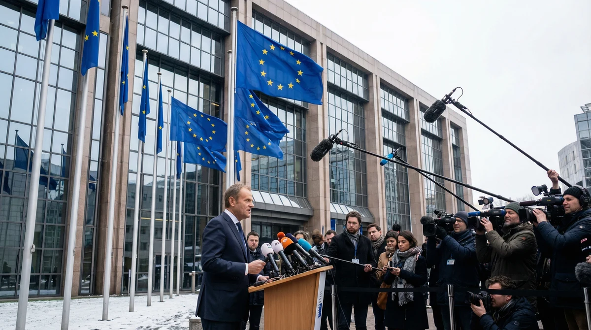 Знамена на Европейския съюз пред сграда в Брюксел и подиум за пресконференция, свързани с дебат за санкции и енергийни доставки.