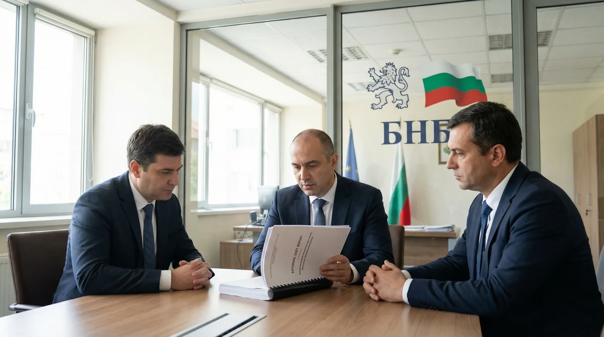 Служители разглеждат финансов отчет за външния дълг в офис, с видими знаци на БНБ и българското знаме.