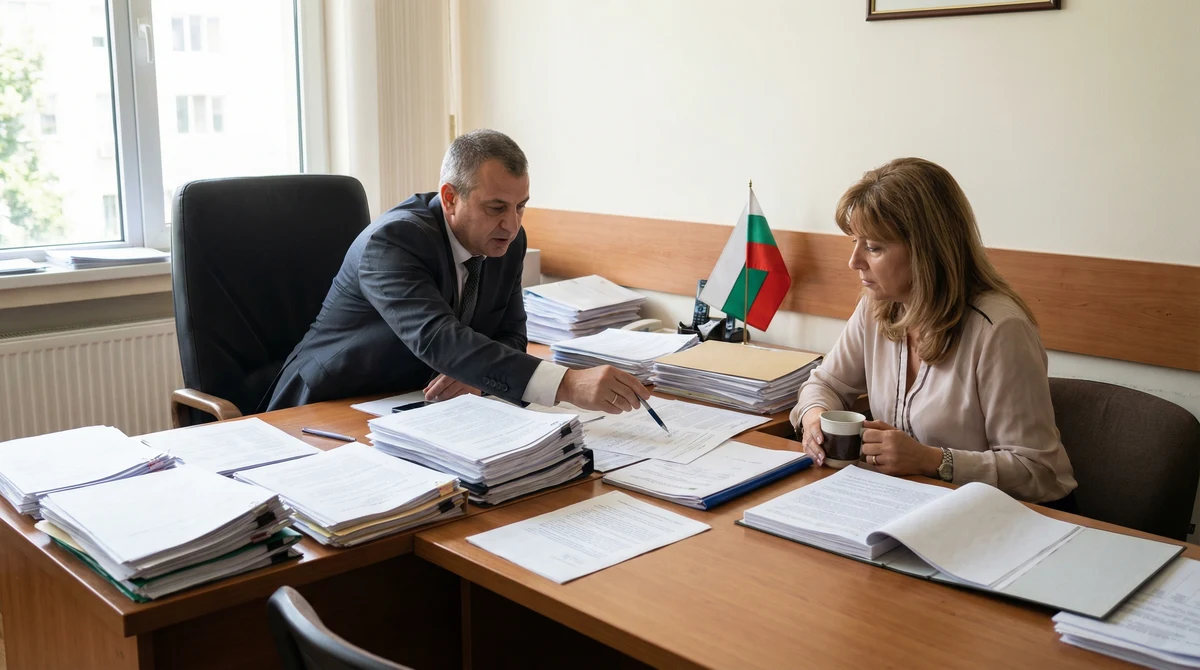 Служители в офис на българска здравна институция преглеждат документи, с видимо българско знаме на заден план.