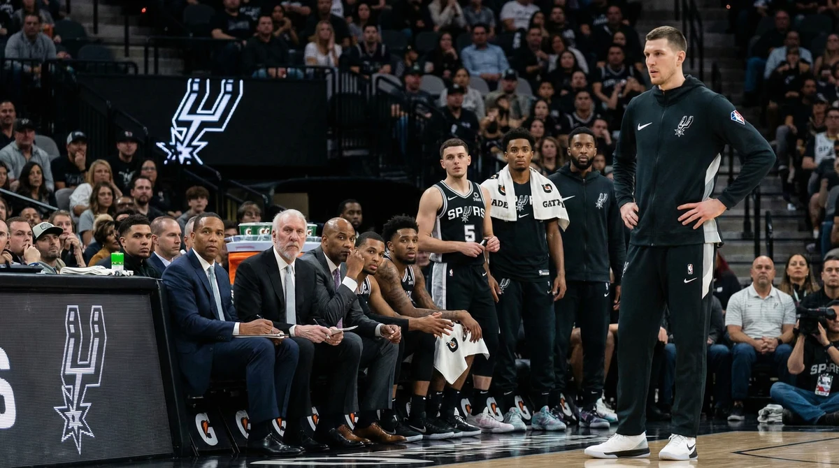 Пейката на Сан Антонио Спърс в зала по време на мач, с играч в загрявка до тъчлинията и видимо клубно лого.