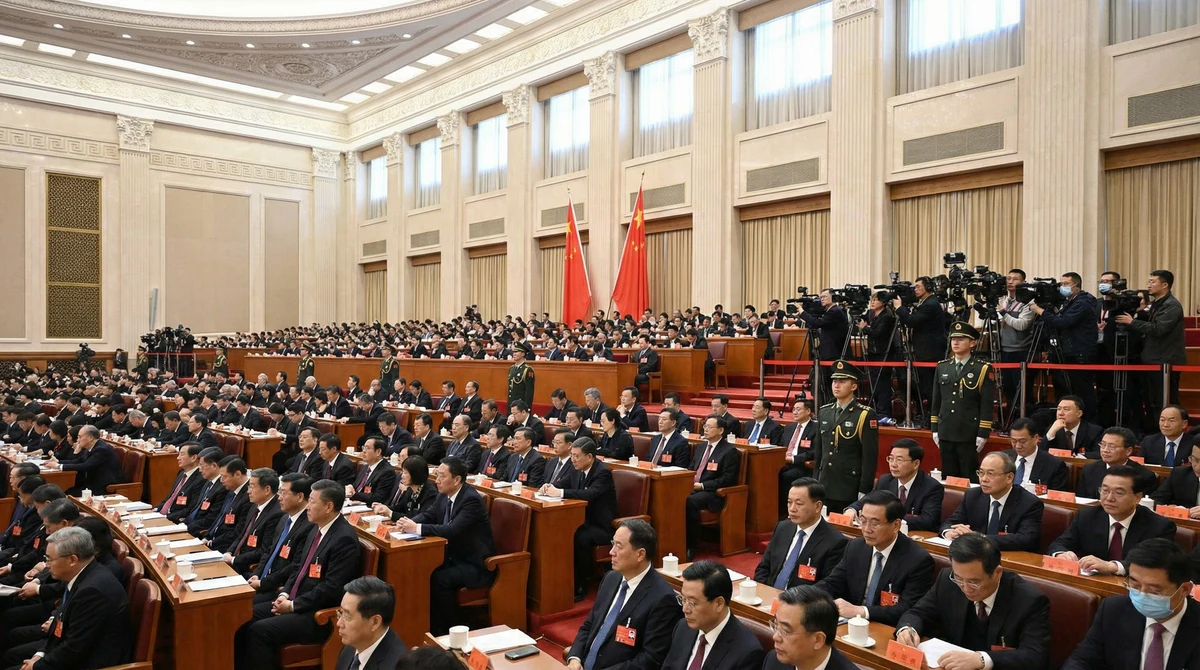 Зала на парламентарно заседание в Пекин с китайски знамена, официални лица и военни в униформи, наблюдавани от журналисти и камери.