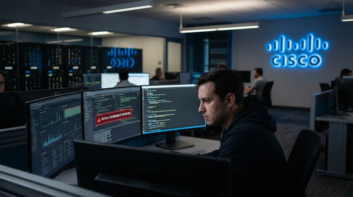 Киберспециалист в център за мрежови операции наблюдава сигнал за критична уязвимост на екрани, на заден план има оборудване с лого на Cisco.