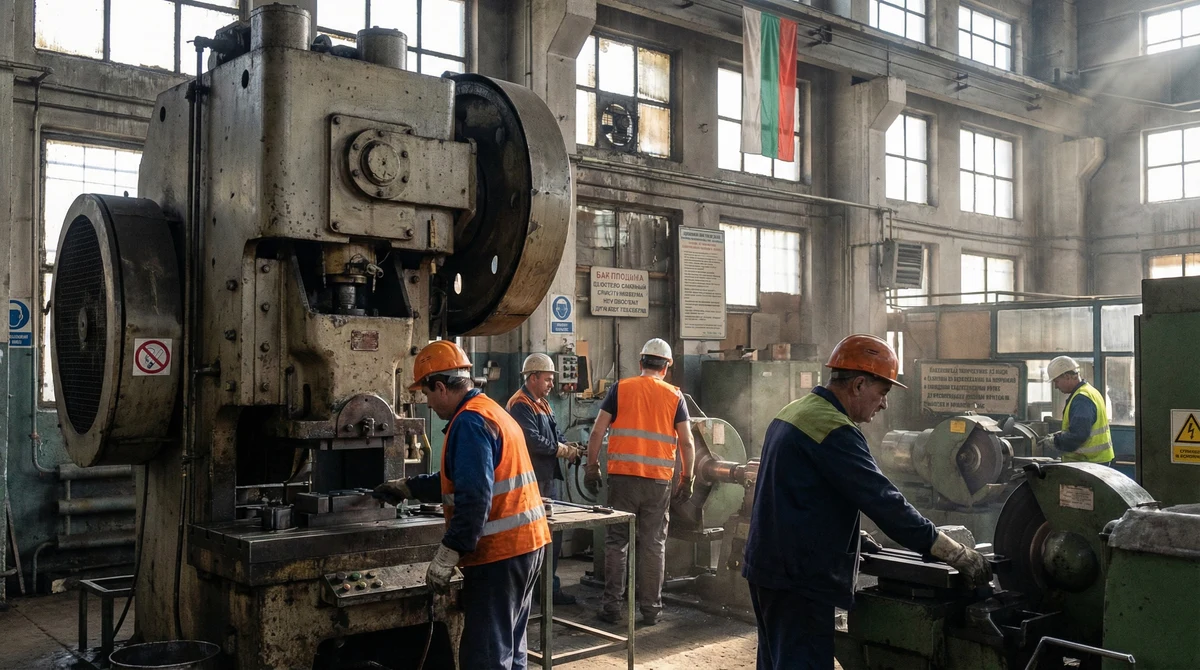Работници с предпазно оборудване в българско промишлено предприятие до металопреработваща линия.