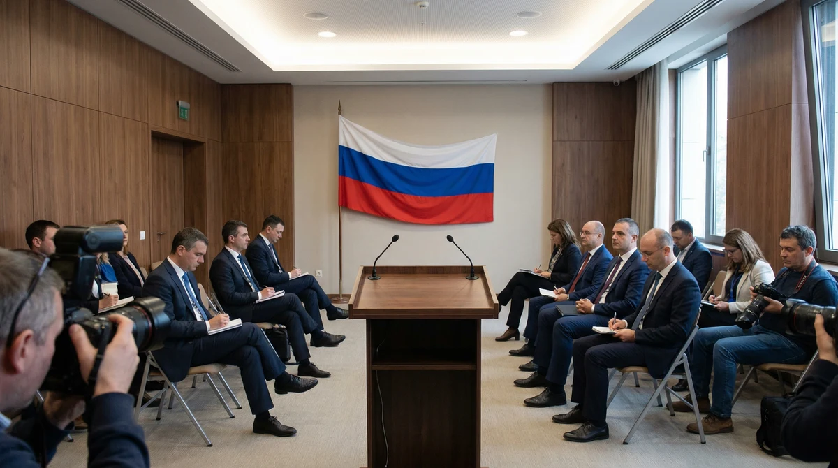 Пресконференция в българска държавна институция с видимо българско знаме и журналисти, отразяваща кризисно съобщение на МВнР.