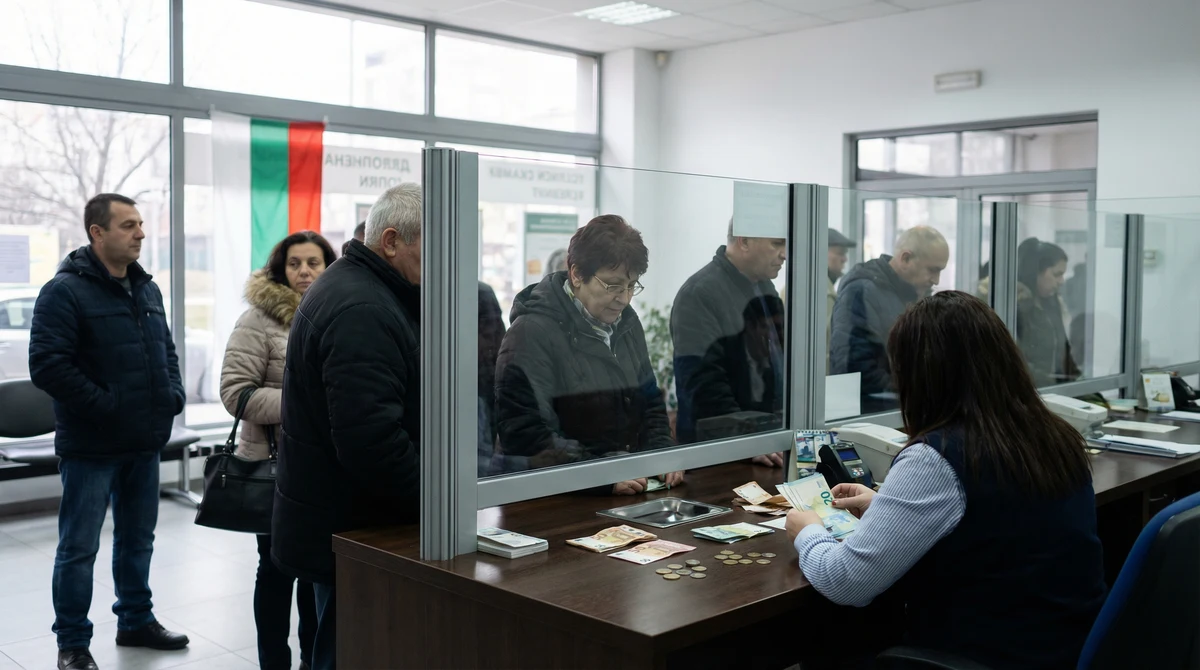 Клиенти на банка чакат на опашка пред гише за обмяна на валута, с видими евробанкноти на плота.