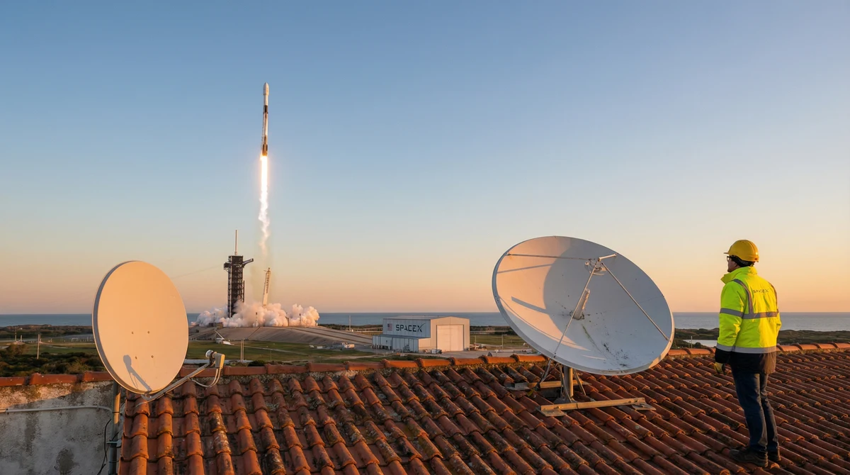 Изстрелване на ракета Falcon 9 на SpaceX на разсъмване, сателитна антена на покрив на преден план и техник с светлоотразително яке.