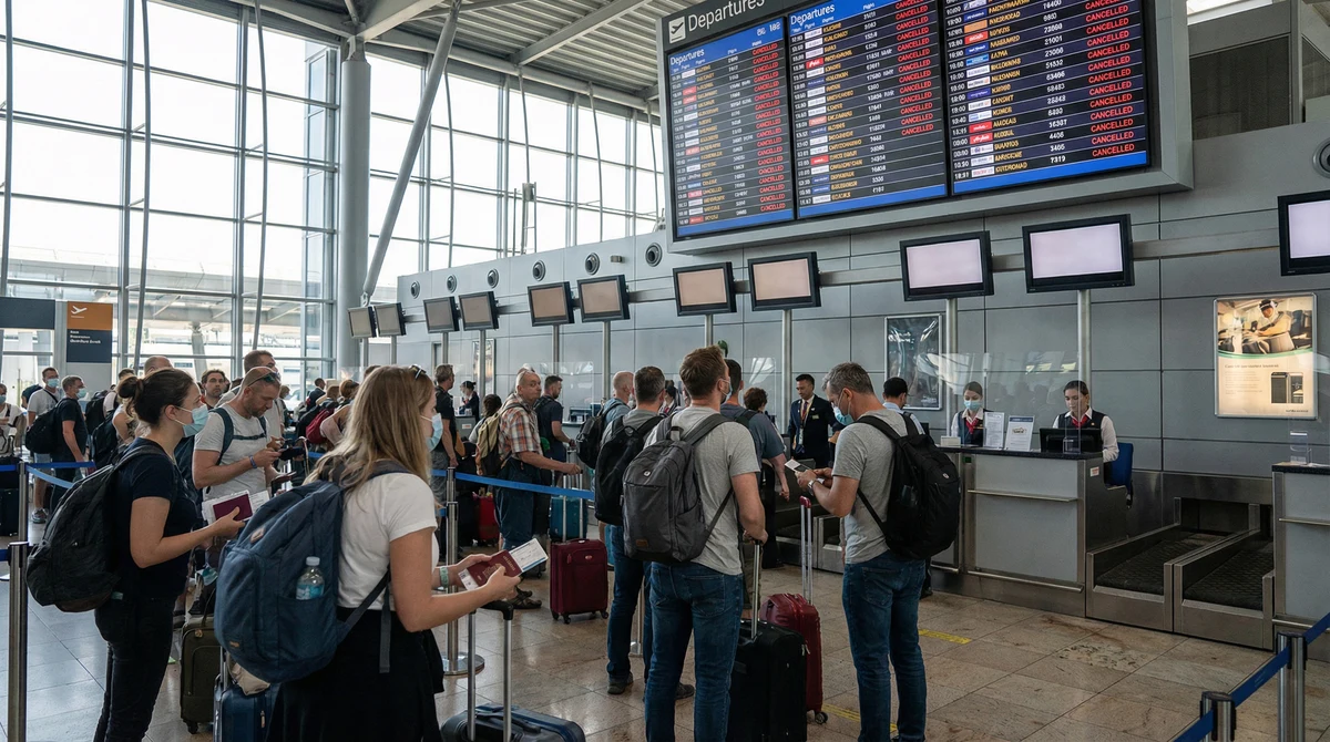 Пътници с багаж в международен летищен терминал пред табло с отменени полети.