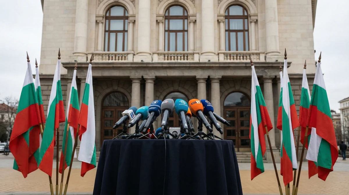 Микрофони на зона за правителствен брифинг пред официална сграда с български знамена.
