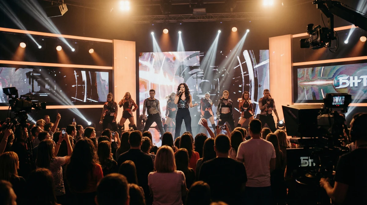 Дара изпълнява „Bangaranga“ на сцена в телевизионно студио на БНТ с публика и сценично осветление.