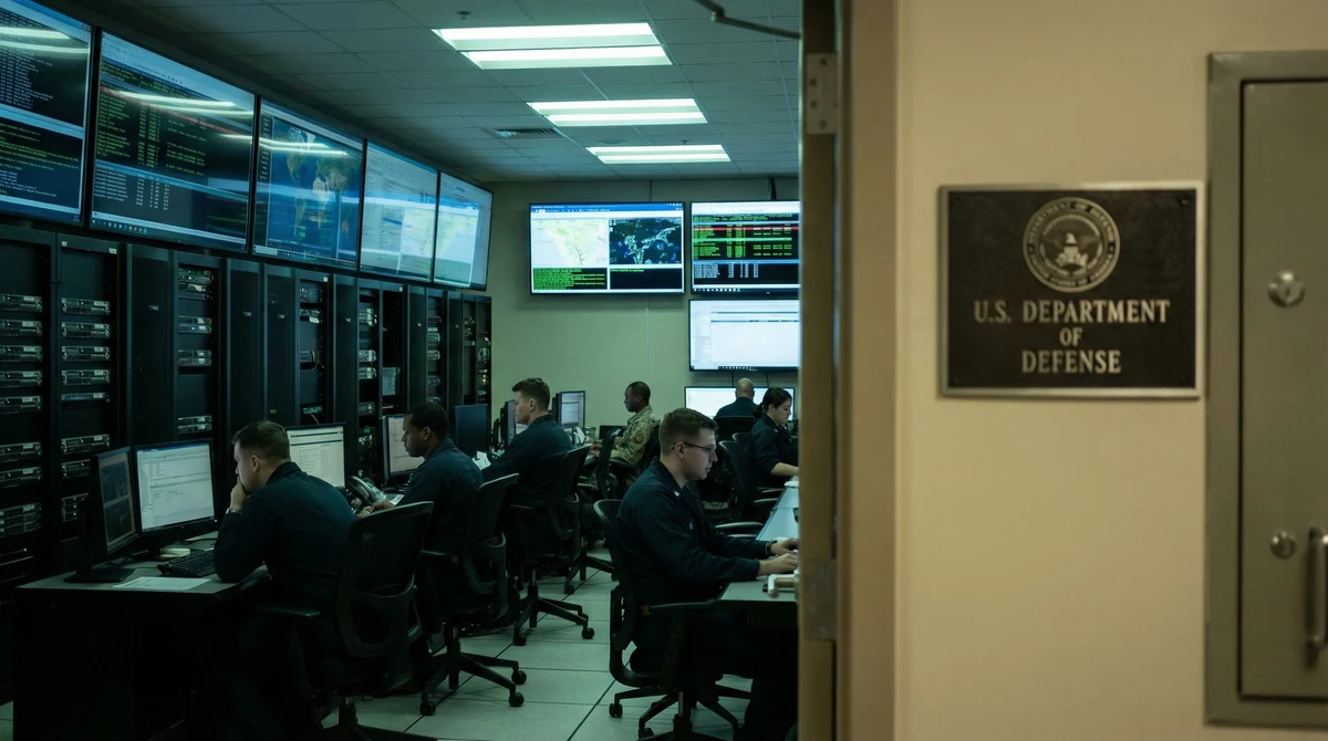 Инженери наблюдават екрани и сървърни шкафове в защитен военен център за данни с обозначения на Министерството на отбраната на САЩ.