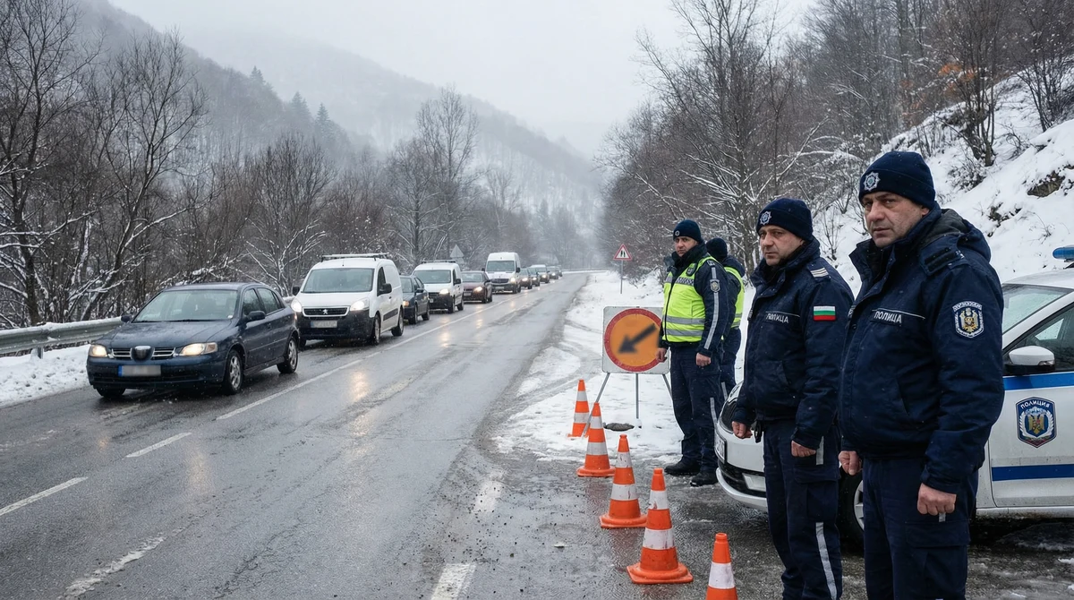Полицейски контролен пункт и конуси, които ограничават движението в планински проход, с обозначен обходен маршрут и колона автомобили.