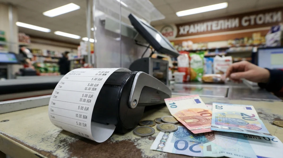 Касов апарат и ПОС терминал на търговски щанд, които отпечатват касова бележка със суми в евро и левове.
