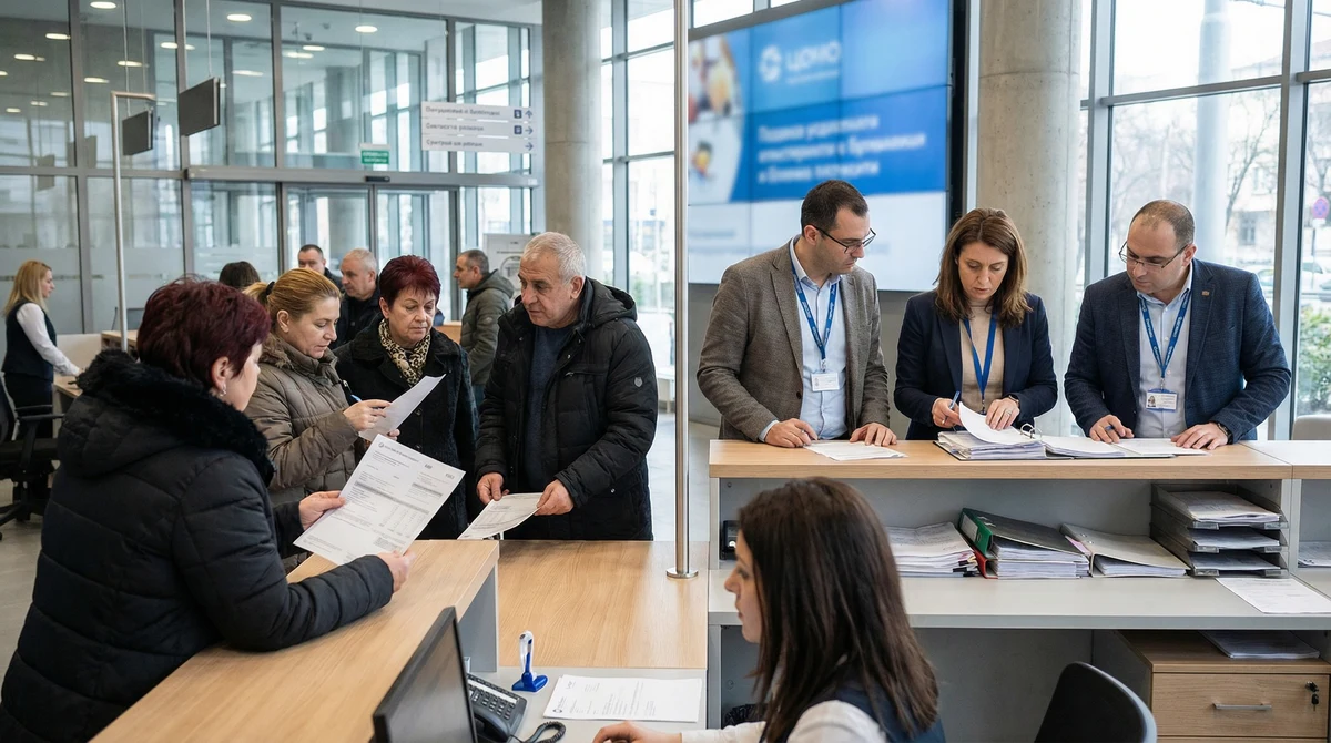 Проверка в офис на електроснабдително дружество в България, клиенти със сметки за ток и инспектори, които преглеждат документи на гише.